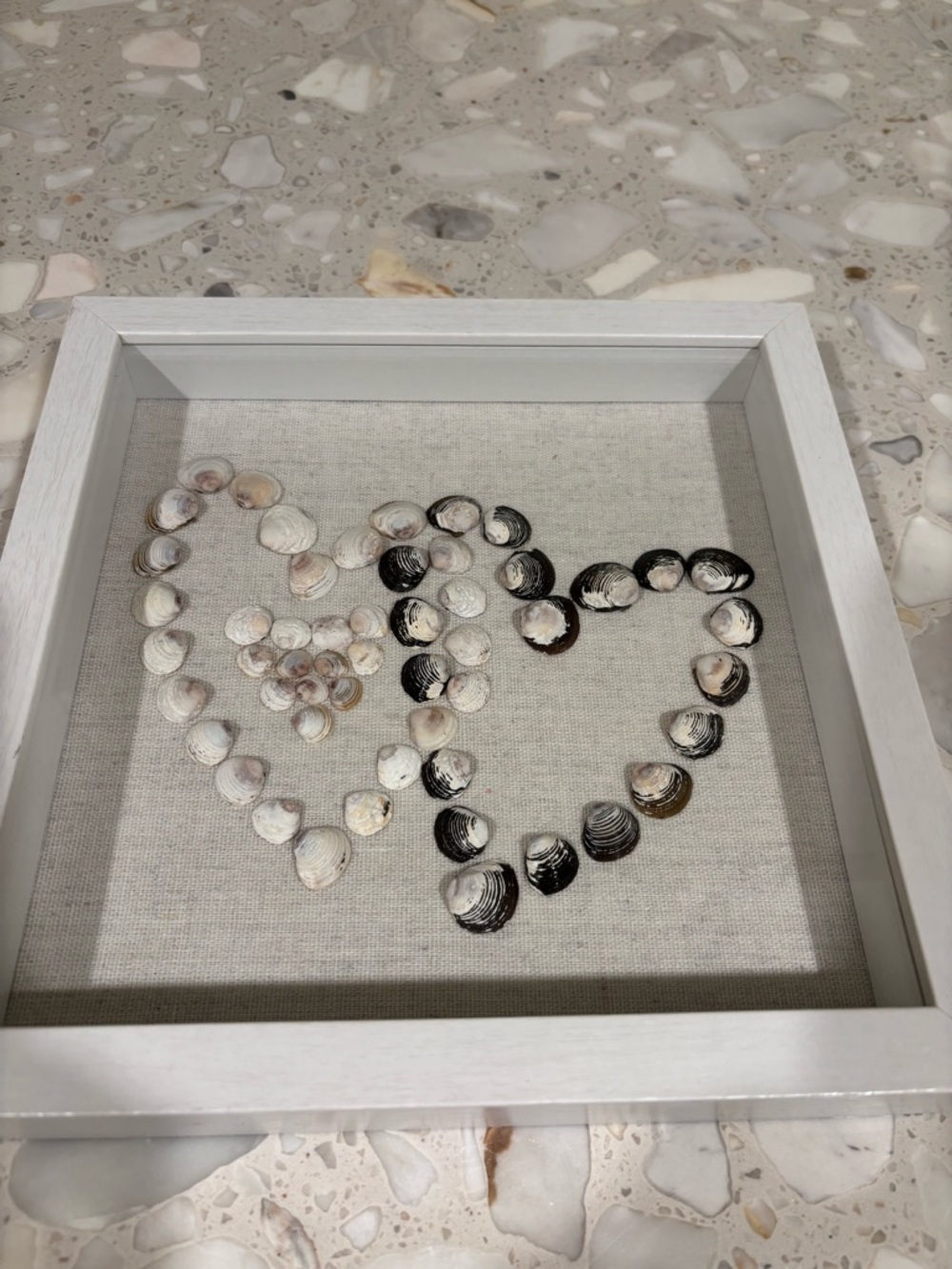 Handmade “And Baby Makes 3” Framed Seashell Hearts Art Shadowbox